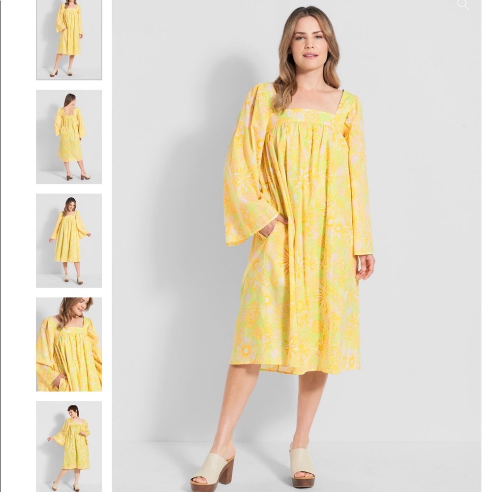 ModCloth Yellow floral retro midi dress medium smock bell sleeves pockets M